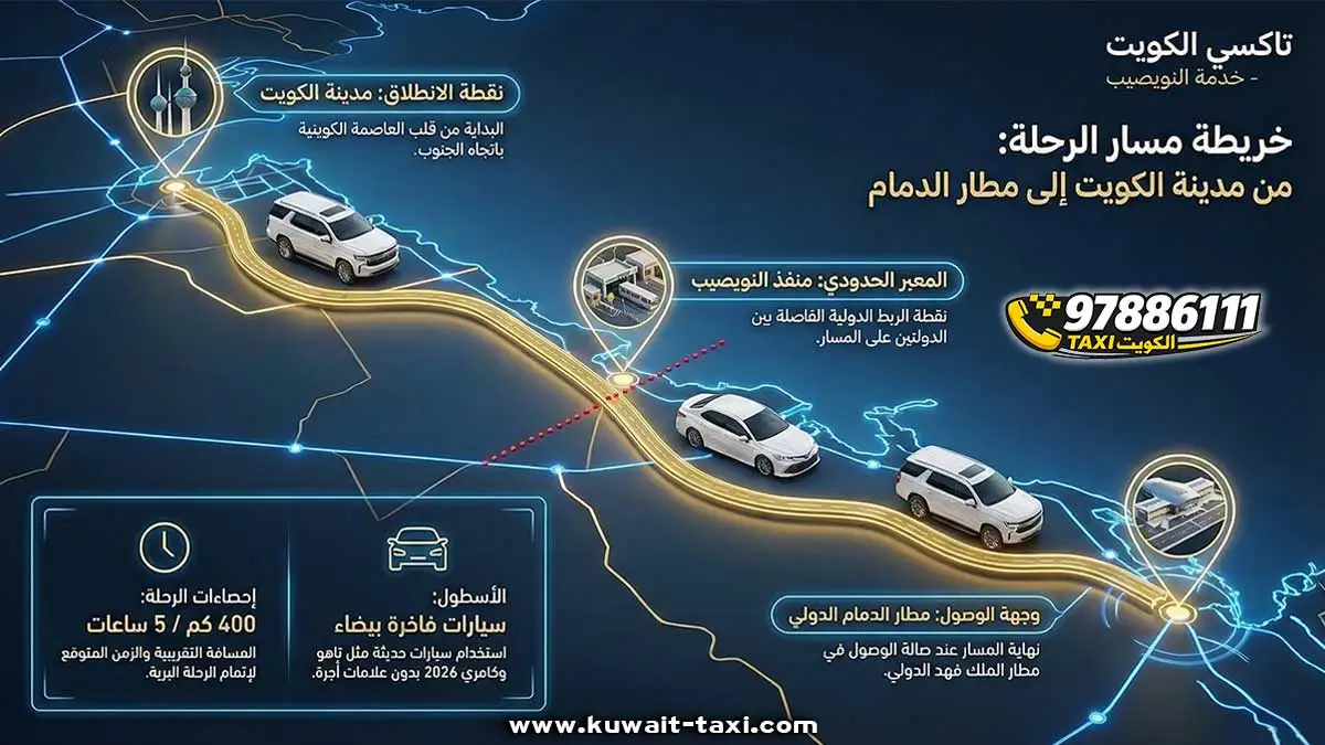 مسار رحلة توصيل مطار الدمام من الكويت عبر المنافذ الحدودية حتى المطار